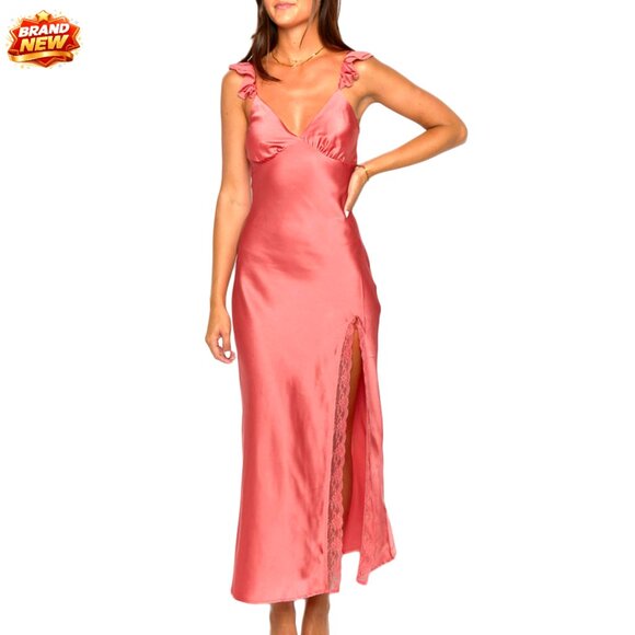 Dresses & Skirts - Satin Backless Maxi Dress with Lace Trim and Leg Slit for Formal Events